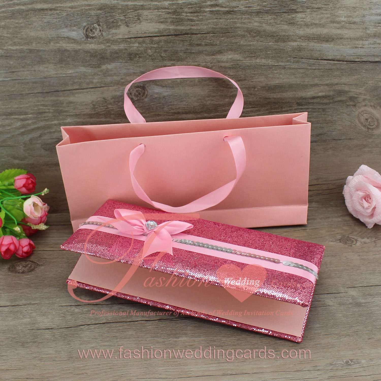 Cheap Elegant Pink Glamorous Wallet Wedding Invitations